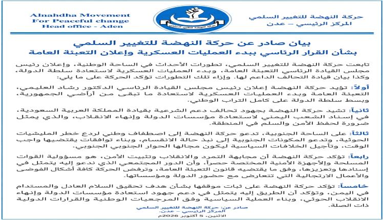 بيان صادر عن حركة النهضة للتغيير السلمي بشأن القرار الرئاسي ببدء العمليات العسكرية وإعلان التعبئة العامة
