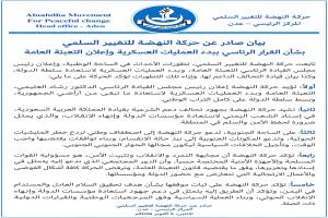 بيان صادر عن حركة النهضة للتغيير السلمي بشأن القرار الرئاسي ببدء العمليات العسكرية وإعلان التعبئة العامة
