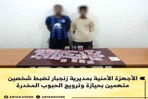 الأجهزة الأمنية بمديرية زنجبار تضبط شخصين متهمين بحيازة وترويج الحبوب المخدرة